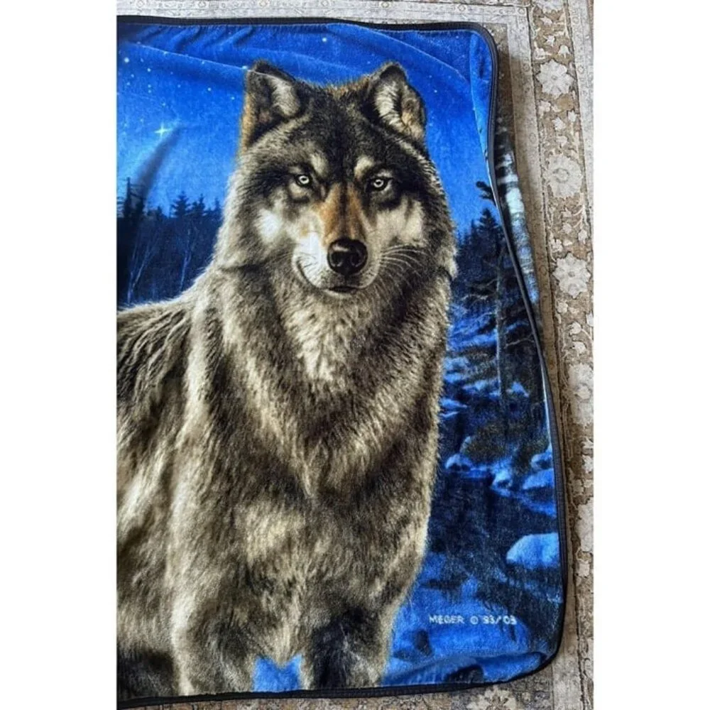James Meger Wolf Throw Blanket Fleece Wildlife‎ Wolf Moon Forest Cabin Vtg Decor